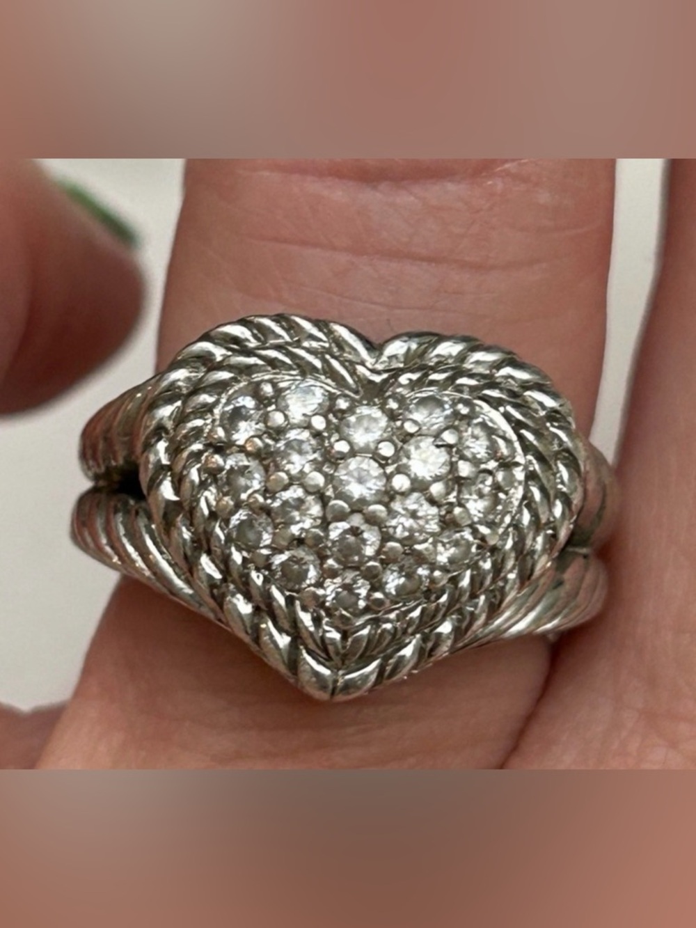 Retired EUC-Judith Ripka Sterling Silver 925 CZ Heart shaped w/Rope Style Trim